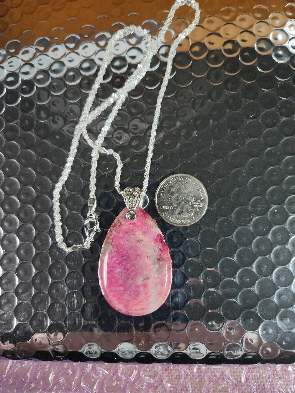 Stunning,Xtra-Large Bright Pink Agate Pendant/Sparkly Bail. Comes/Twisted-Chain